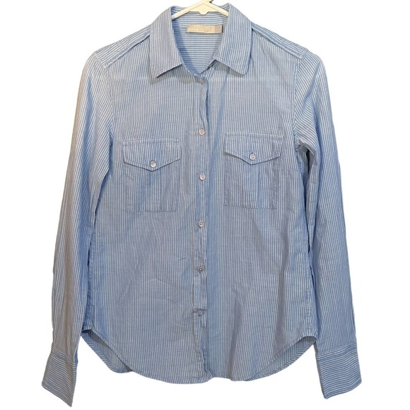 Vince Semi Sheer Double Pocket Blue & White Striped Button Down Shirt Size 2. - Picture 1 of 7
